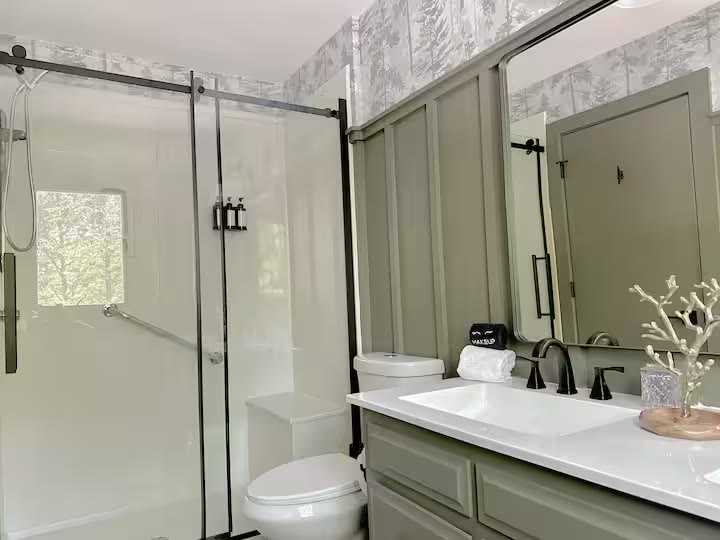 Weiss Lake House with Private Dock bathroom vanity at a direct-booking vacation rental in Cedar Bluff, Alabama