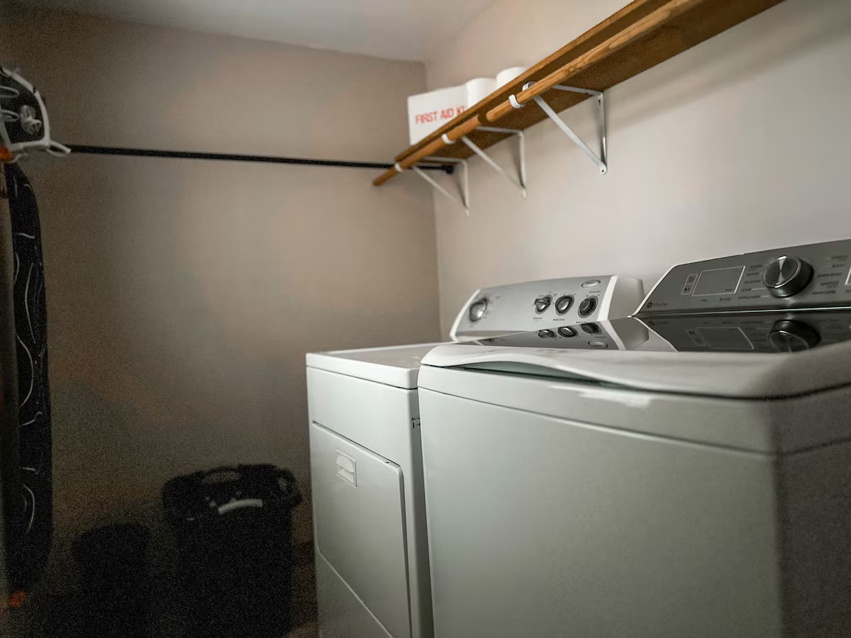 Weiss Lake House with Private Dock laundry room at a direct-booking vacation rental in Cedar Bluff, Alabama
