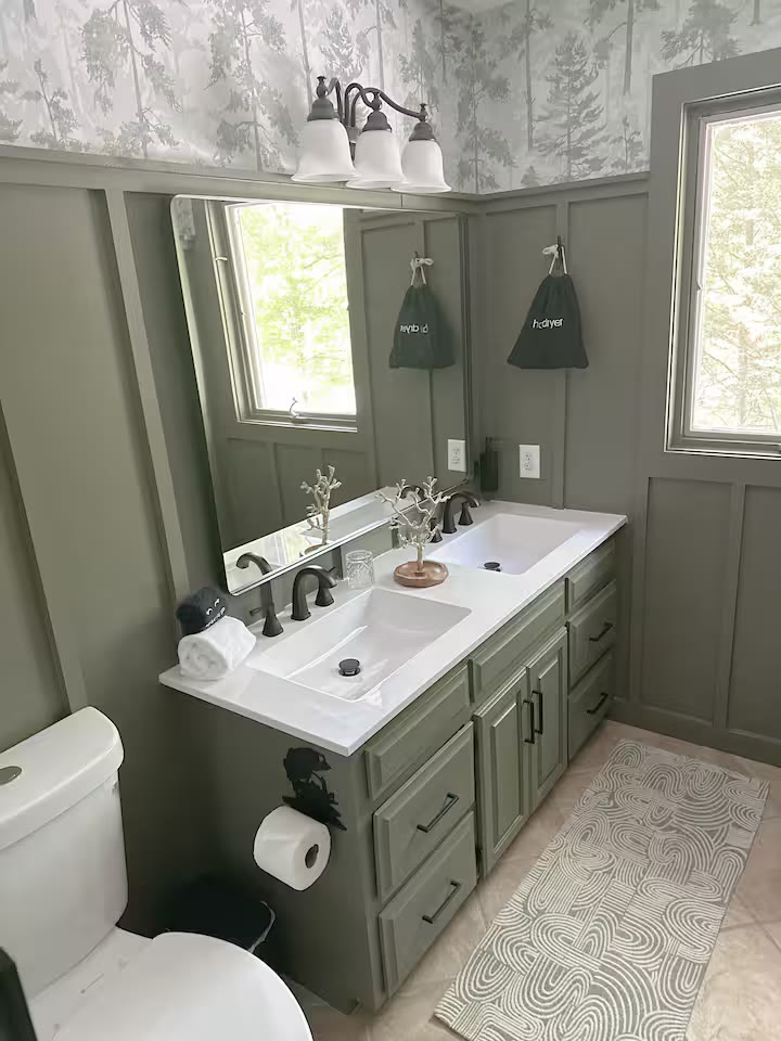 Weiss Lake House with Private Dock bathroom vanity at a direct-booking vacation rental in Cedar Bluff, Alabama
